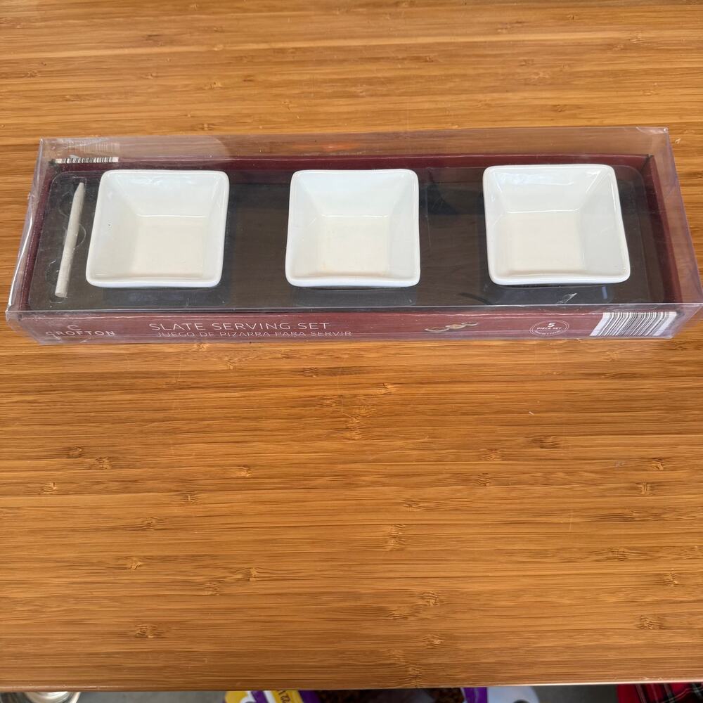 CROFTON BNIB 5-Pc. Server Set White Bowls and‎ Write-On Slate Platter